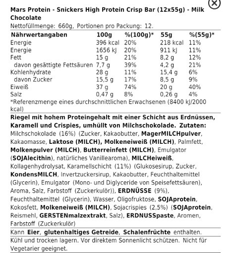 Snickers HI Protein Crisp Bar (12x55g) - Milk Chocolate | ROUGHBULL FITNESS