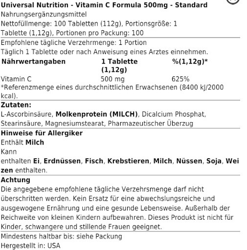 Universal Vitamin C 500mg 100 Tabs | ROUGHBULL FITNESS