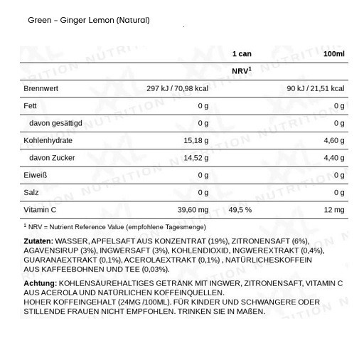 XXL Nutrition Energize! Energy Drink 6x330ml Green - Ginger Lemon | ROUGHBULL FITNESS
