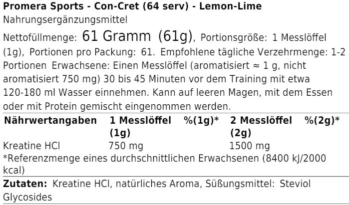 Promera Sports Con-Cret HCl 64,1g (64 Serv.) Lemon-Lime | ROUGHBULL FITNESS