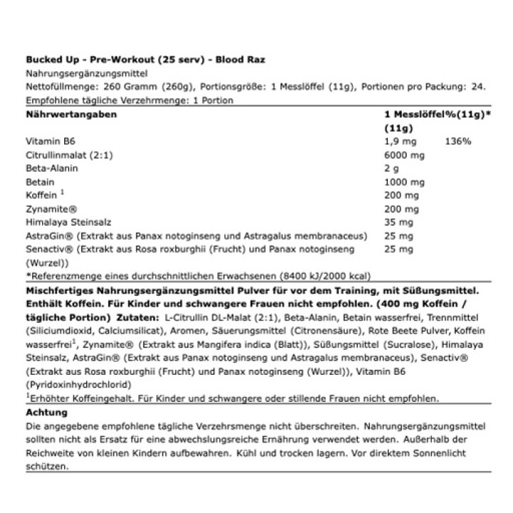 Bucked Up Pre-Workout 260g (25 Serv.) Blood Raz