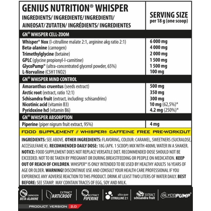 Genius Nutrition - Whisper Pre-Workout 400g Green Apple